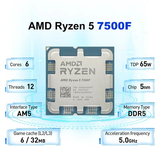 New AMD Ryzen 5 7500F 3.7GHz 6-Core 12-Thread L3=32M Processor 65W R5 7500F Socket AM5 5NM DDR5 New but without cooler