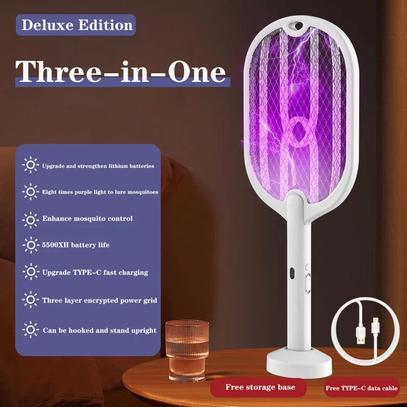 3000V Mosquito Swatter | 3-in-1 Electric Mosquito Killer — Handheld, Wall Mount & Desktop Lamp with TYPE-C Charging