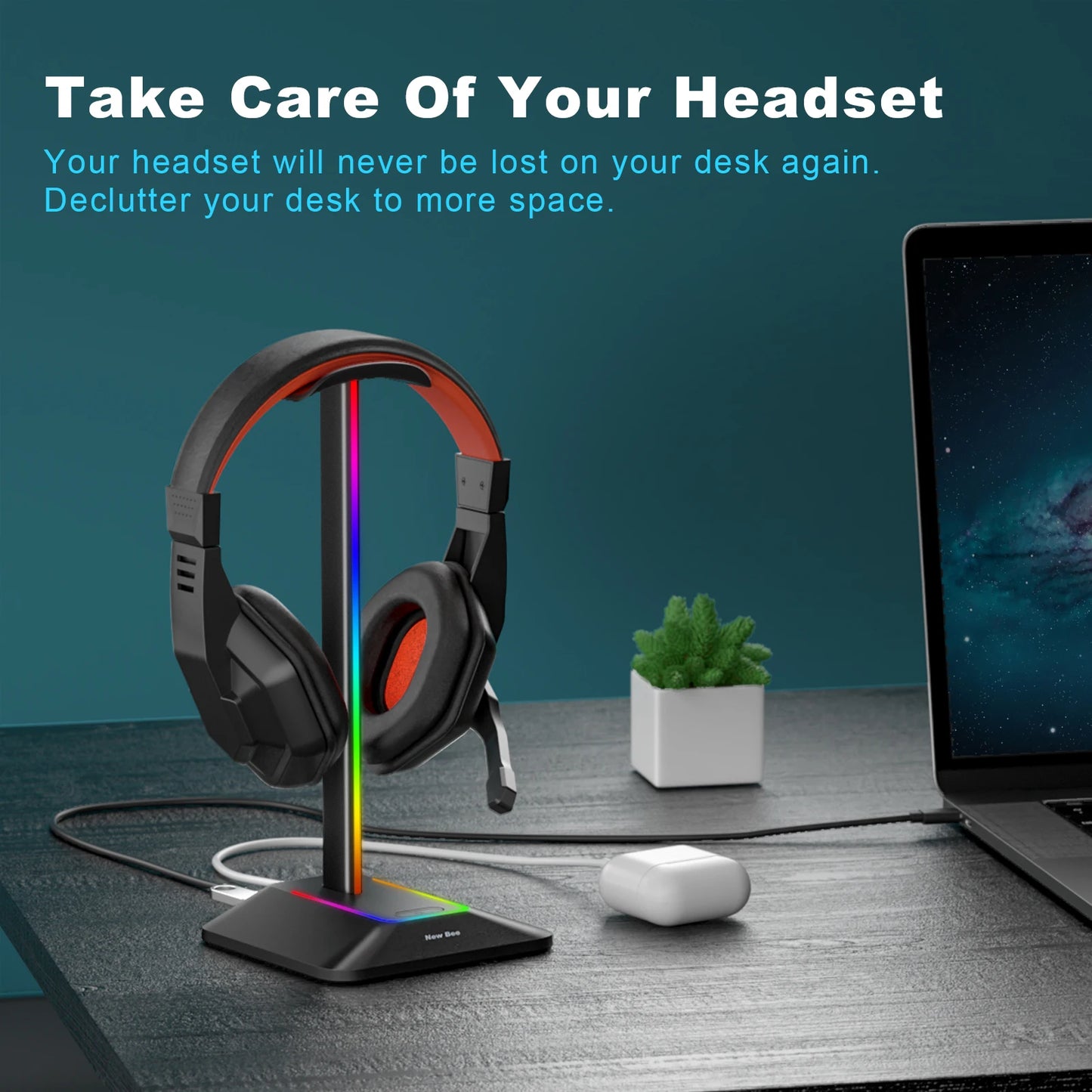 New Bee Z8 RGB Headphone Stand - Gaming Headset Holder with 2 USB Ports & Non-Slip Base