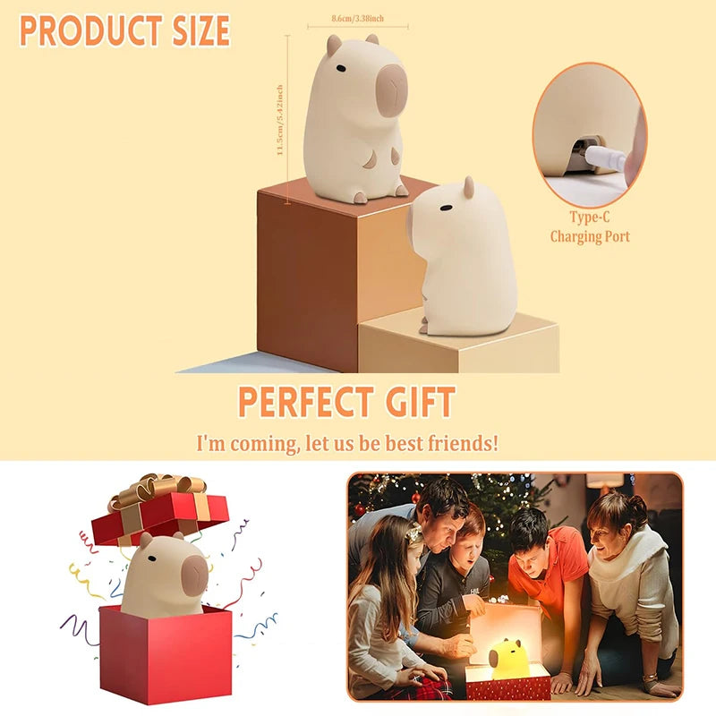 Cute Capybara Night Light - Silicone Rechargeable Touch Lamp for Kids 🦫✨