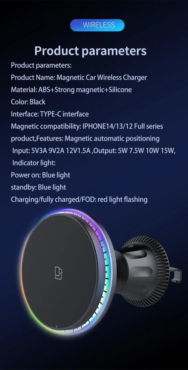 30W Magnetic Car Wireless Charger RGB for iPhone 12-15 Pro Max MagSafe Car Phone Holder