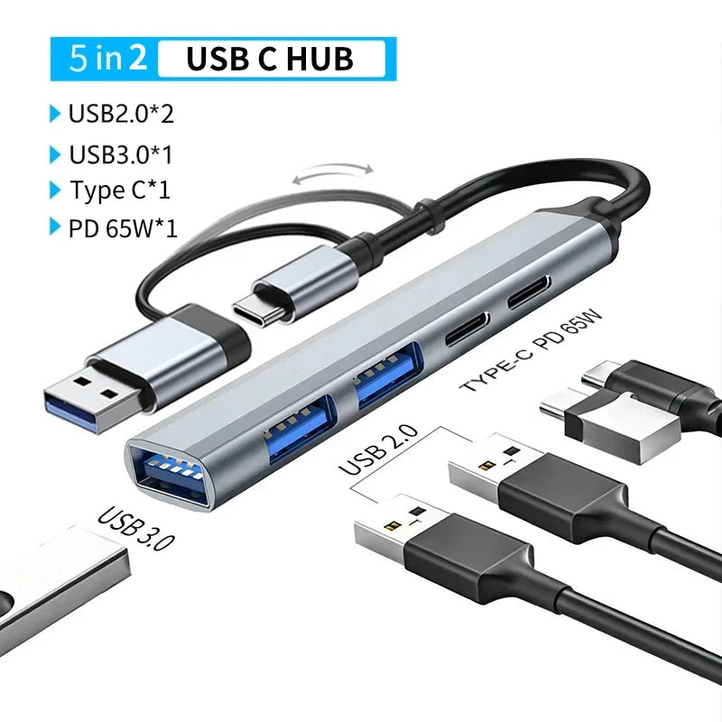 USB 3.0 Type-C Adapter Docking Station - Multi-Hub Splitter with USB 2.0, TF/SD Card Reader & Audio for MacBook Pro