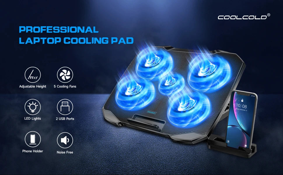 COOLCOOLD Laptop Cooling Pad - 12-17" Cooler Stand with 5 Quiet Fans & Adjustable Angles