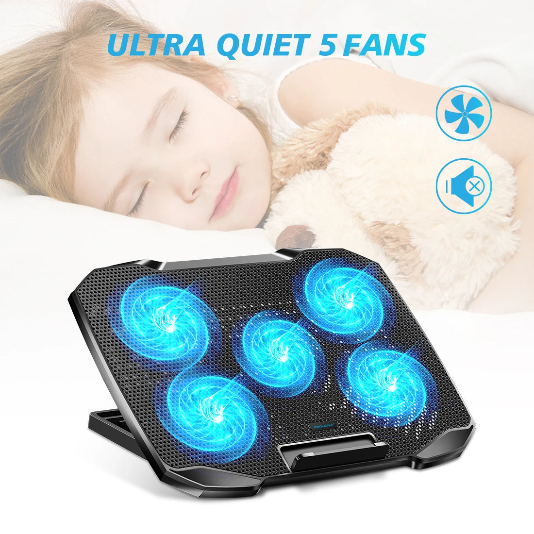 COOLCOOLD Laptop Cooling Pad - 12-17" Cooler Stand with 5 Quiet Fans & Adjustable Angles