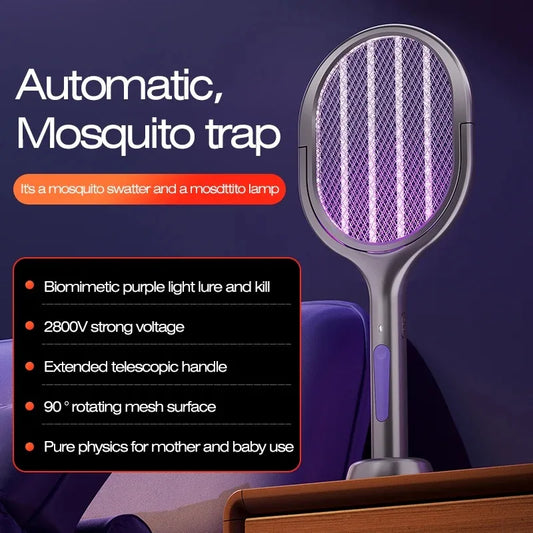 Telescopic Electric Mosquito Swatter & UV Trap Lamp — 109cm Extended Reach, Rechargeable, Wall Mountable