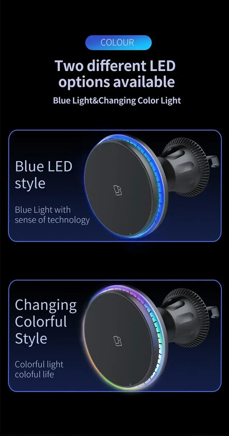 30W Magnetic Car Wireless Charger RGB for iPhone 12-15 Pro Max MagSafe Car Phone Holder
