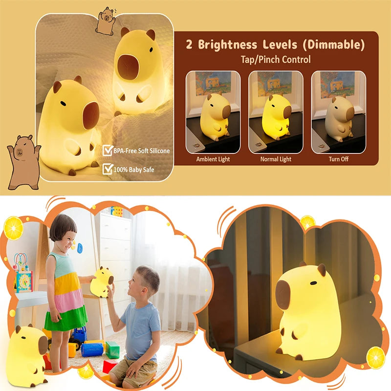 Cute Capybara Night Light - Silicone Rechargeable Touch Lamp for Kids 🦫✨