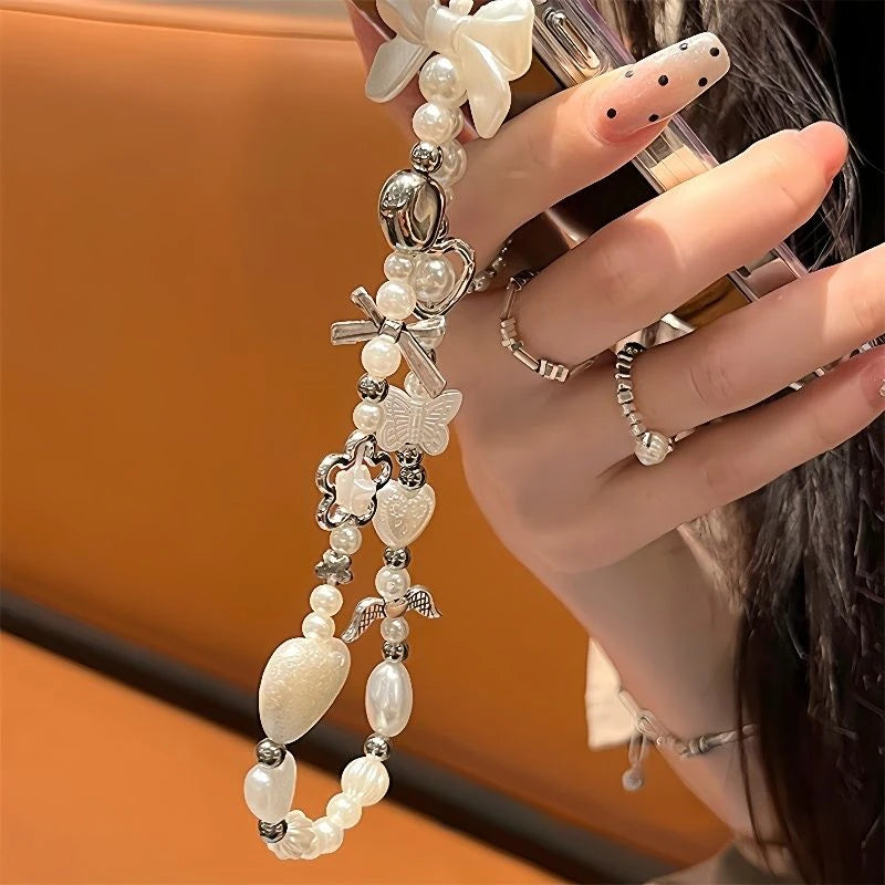 Korean Cute Baroque Bow & Flower Beaded Phone Chain – Stylish & Trendy Accessory 💖📱