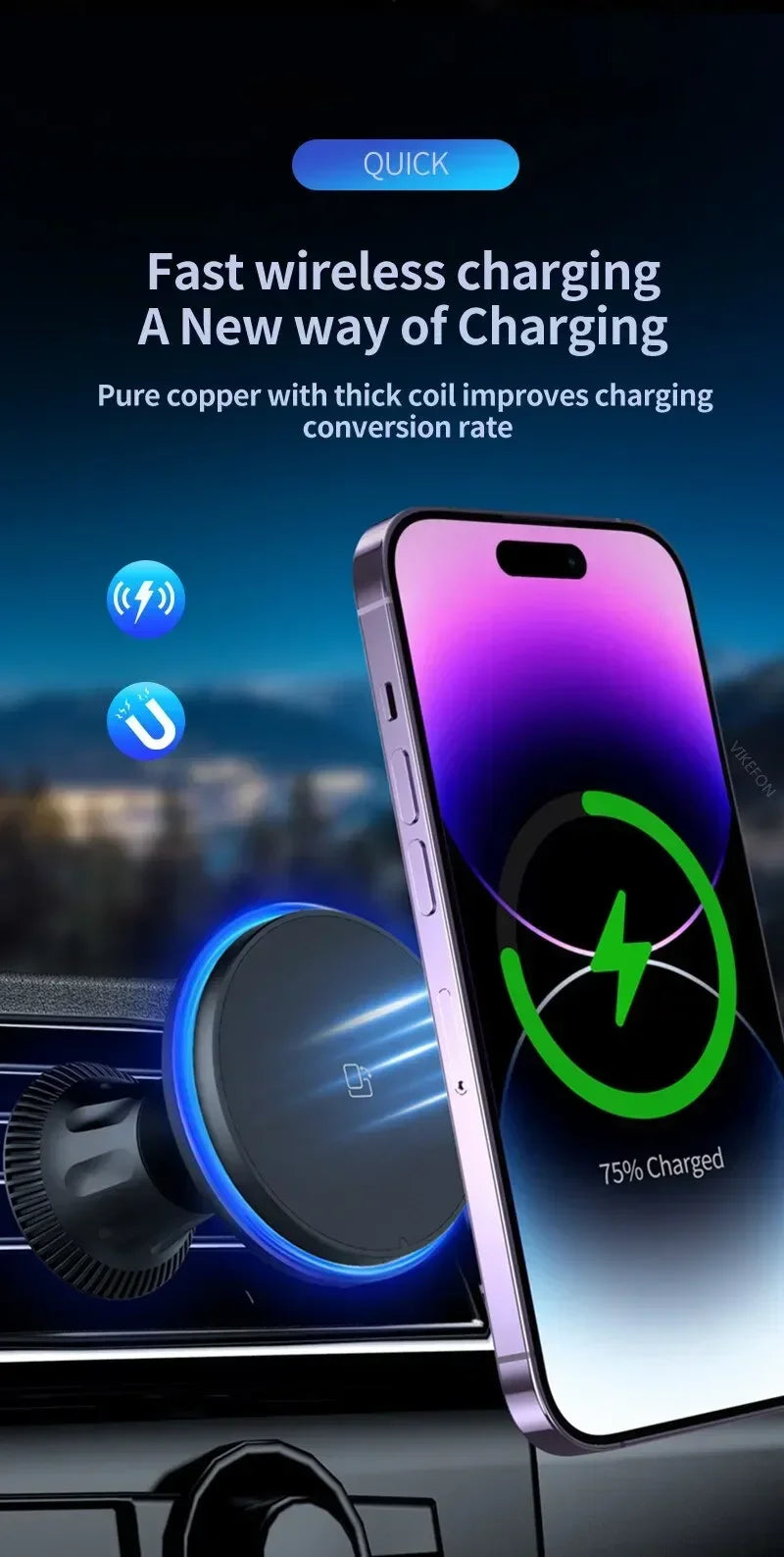 30W Magnetic Car Wireless Charger RGB for iPhone 12-15 Pro Max MagSafe Car Phone Holder