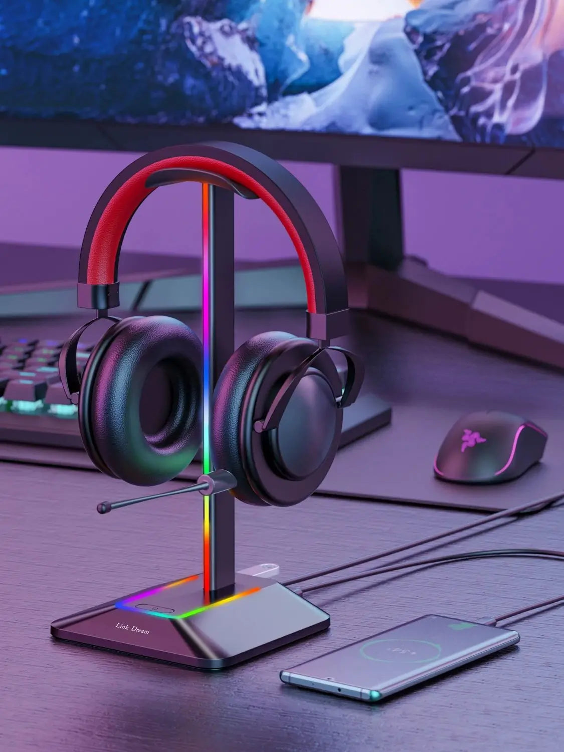 New Bee Z8 RGB Headphone Stand - Gaming Headset Holder with 2 USB Ports & Non-Slip Base