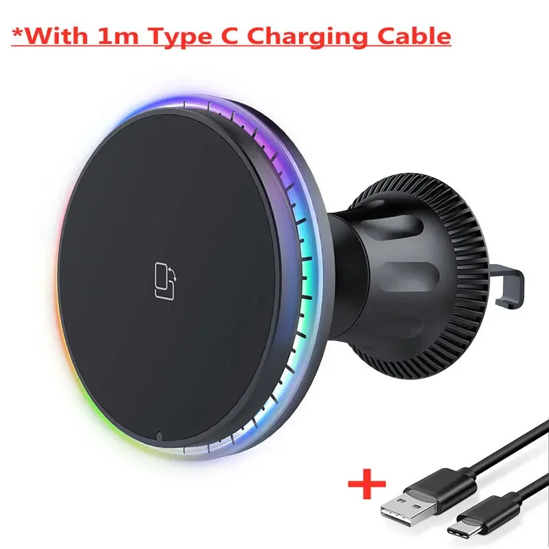 30W Magnetic Car Wireless Charger RGB for iPhone 12-15 Pro Max MagSafe Car Phone Holder