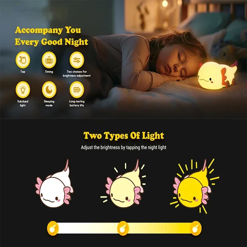 Cute Axolotl Night Light - Silicone Touch Nursery Lamp for Kids & Babies 🦎✨