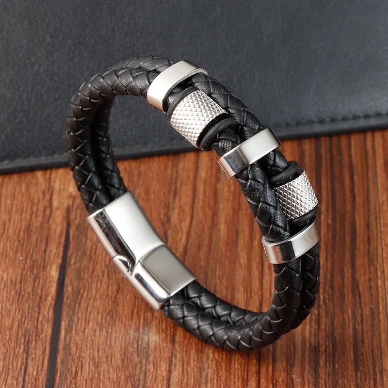 Charm Braid Rope Bracelet - Stainless Steel Magnetic Buckle Leather Bracelet for Men 🧲✨