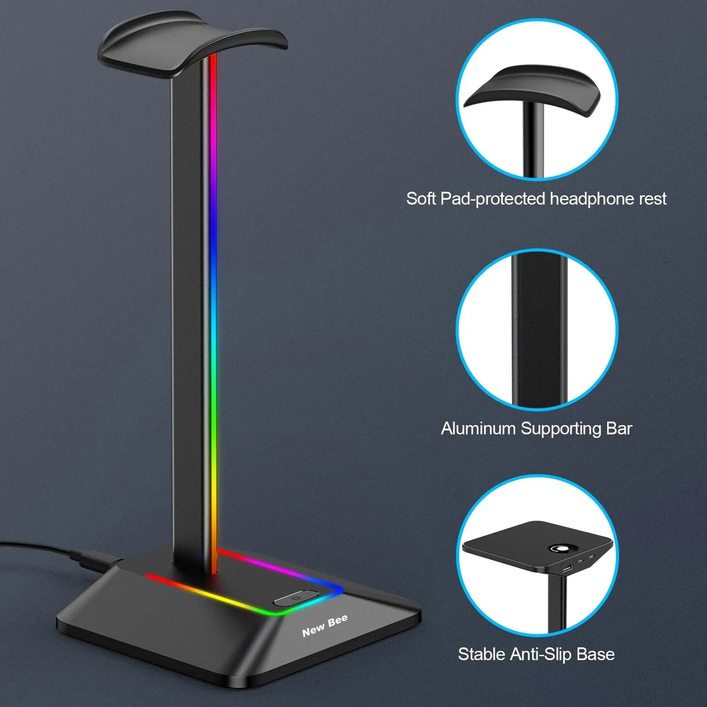 New Bee Z8 RGB Headphone Stand - Gaming Headset Holder with 2 USB Ports & Non-Slip Base
