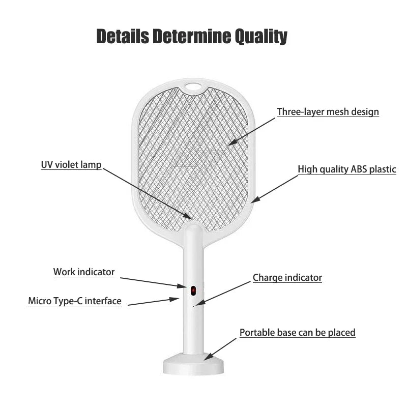 3000V Mosquito Swatter | 3-in-1 Electric Mosquito Killer — Handheld, Wall Mount & Desktop Lamp with TYPE-C Charging