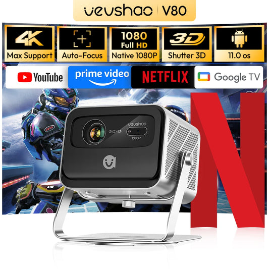 VEVSHAO V80 4K Projector Full HD1080P 2200 Anis Lumens Android 11.0 WiFi 6 Video Home Movie Theater Projectors with Base Stand