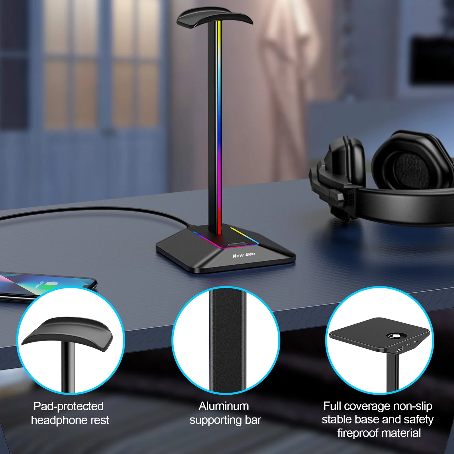 New Bee Z8 RGB Headphone Stand - Gaming Headset Holder with 2 USB Ports & Non-Slip Base