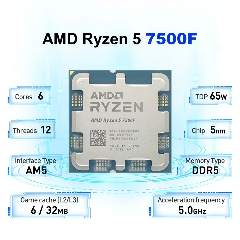New AMD Ryzen 5 7500F 3.7GHz 6-Core 12-Thread L3=32M Processor 65W R5 7500F Socket AM5 5NM DDR5 New but without cooler