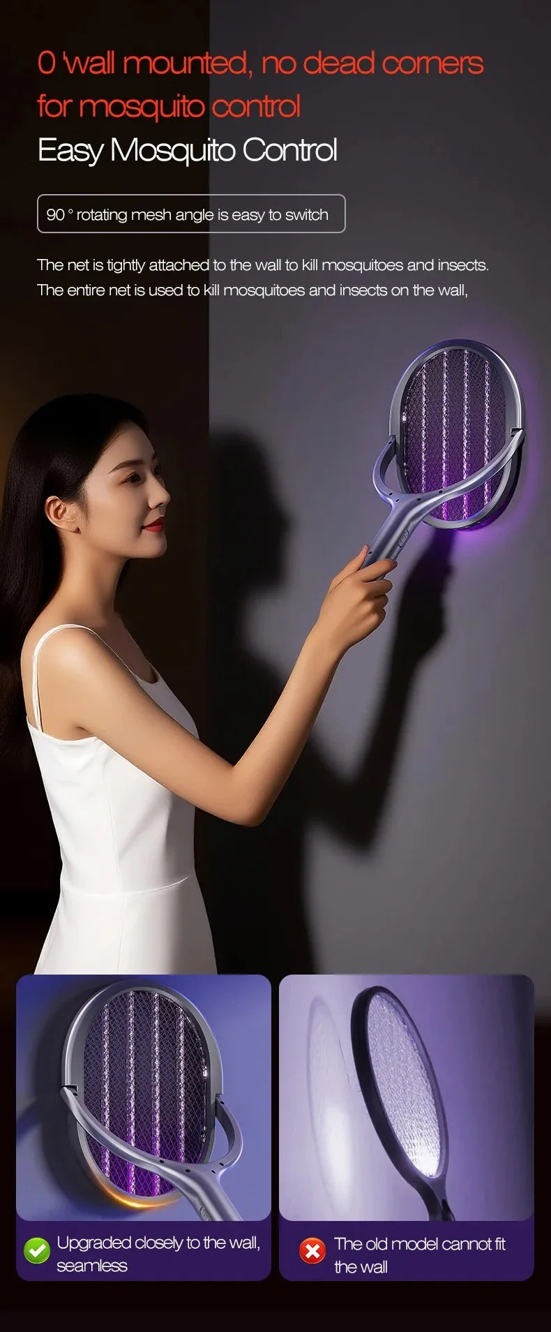 Telescopic Electric Mosquito Swatter & UV Trap Lamp — 109cm Extended Reach, Rechargeable, Wall Mountable
