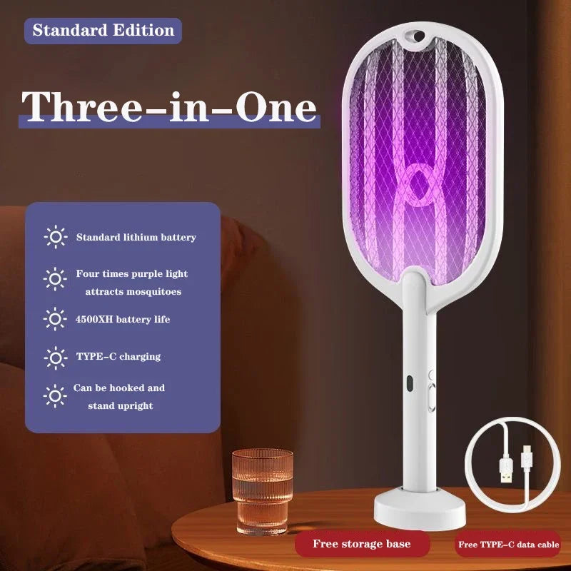 3000V Mosquito Swatter | 3-in-1 Electric Mosquito Killer — Handheld, Wall Mount & Desktop Lamp with TYPE-C Charging