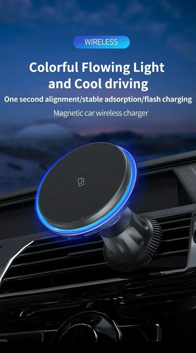 30W Magnetic Car Wireless Charger RGB for iPhone 12-15 Pro Max MagSafe Car Phone Holder