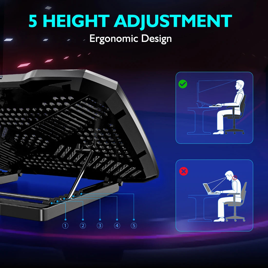 COOLCOOLD Laptop Cooling Pad - 12-17" Cooler Stand with 5 Quiet Fans & Adjustable Angles