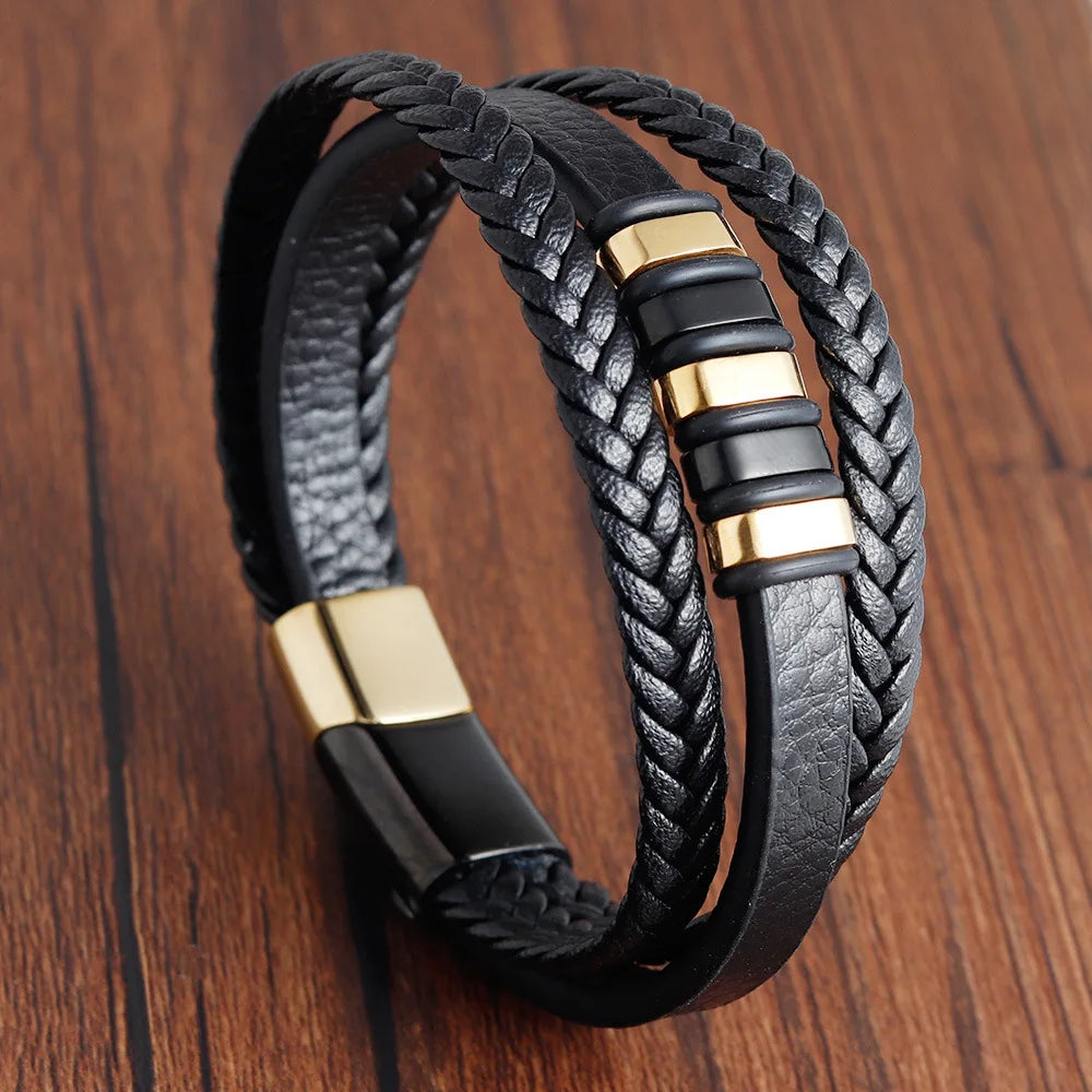 Charm Braid Rope Bracelet - Stainless Steel Magnetic Buckle Leather Bracelet for Men 🧲✨