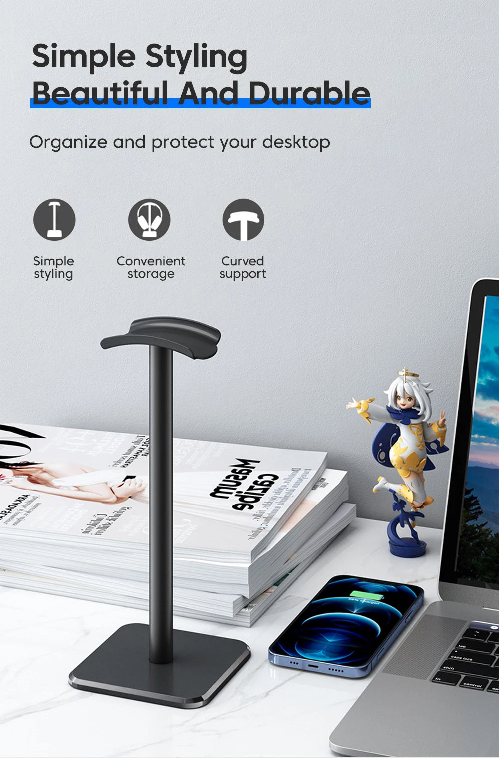 Universal Headphone Stand - Aluminum Alloy Gaming Headset Holder for Desktop Earphones Support