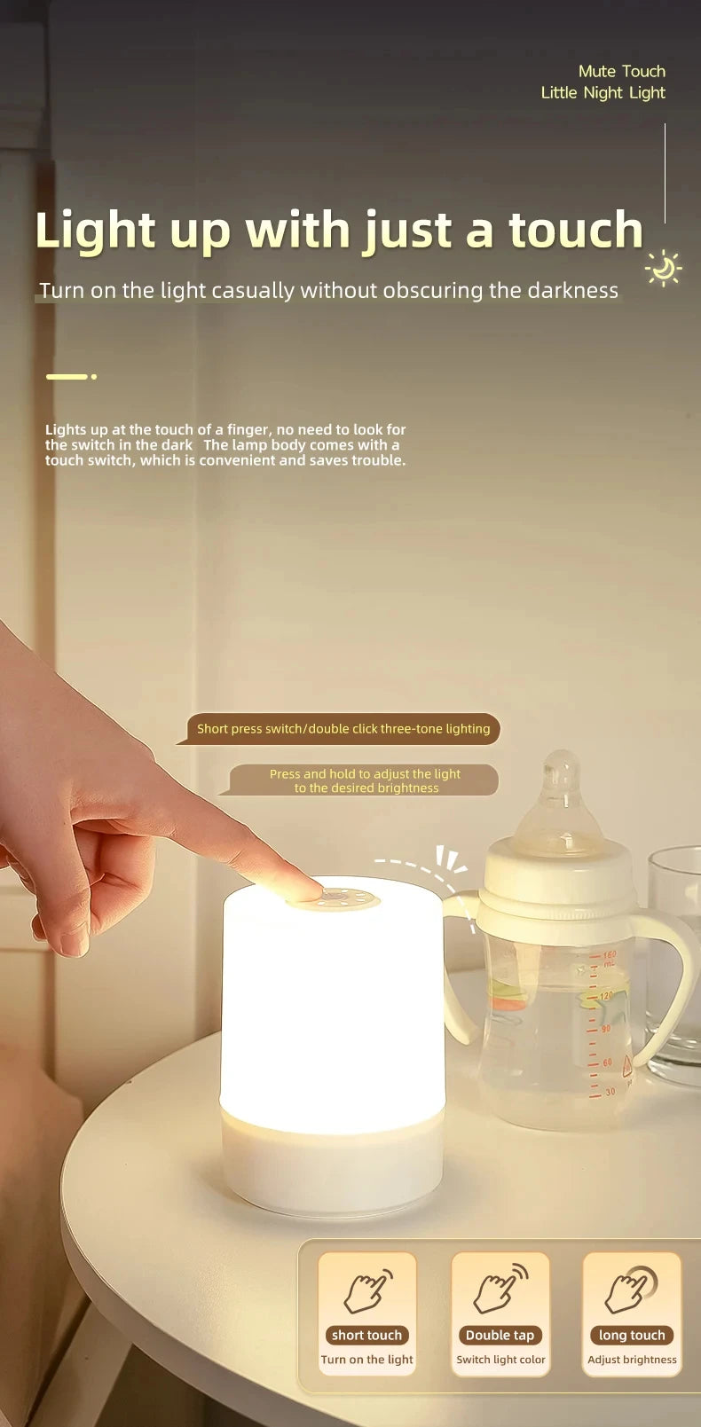 Touch Night Lamp - 3 Modes Dimmable Bedside Light with USB Charging 🌟✨