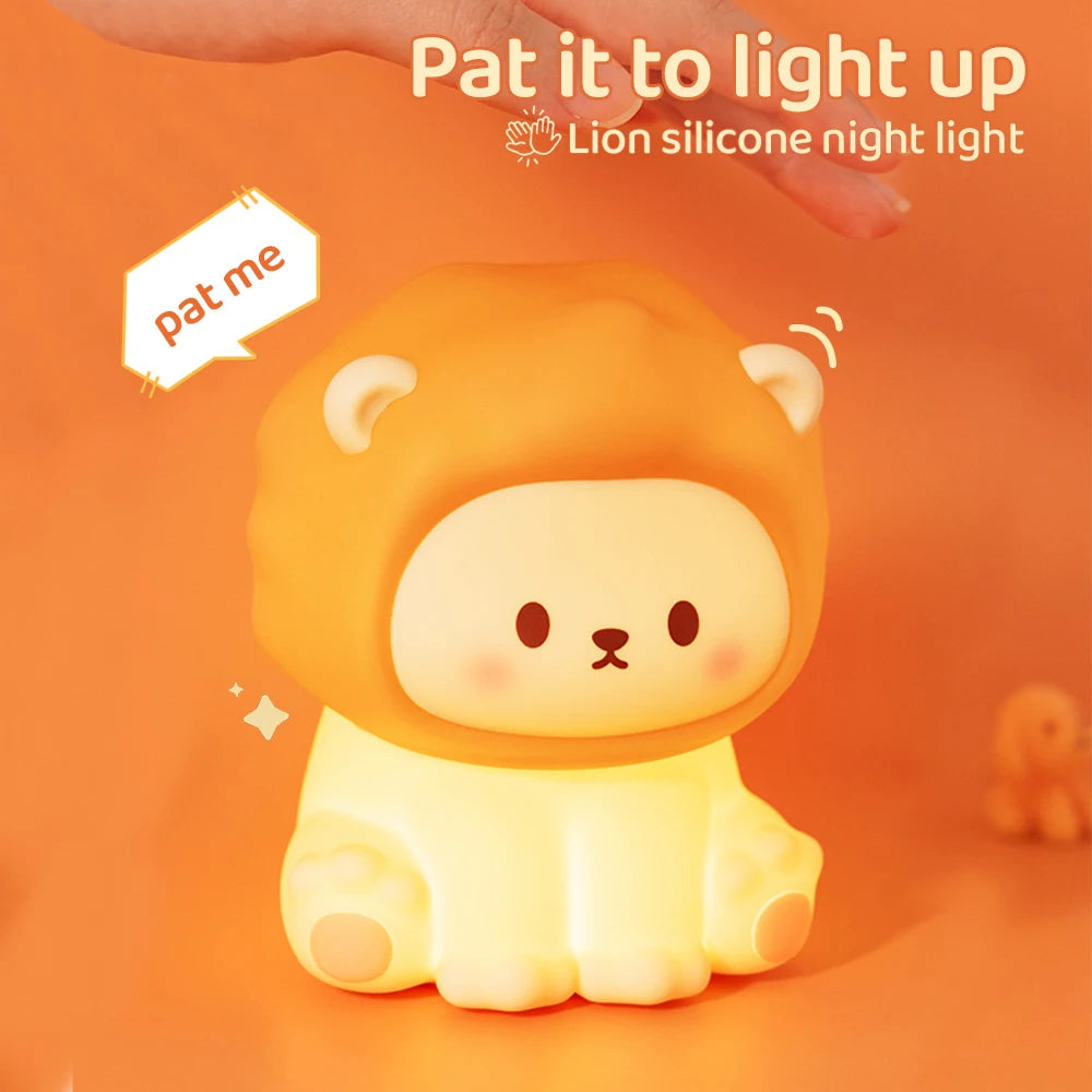 Kawaii Lion Night Light Rechargeable 3 Level Dimmable Silicone Sleeping Light