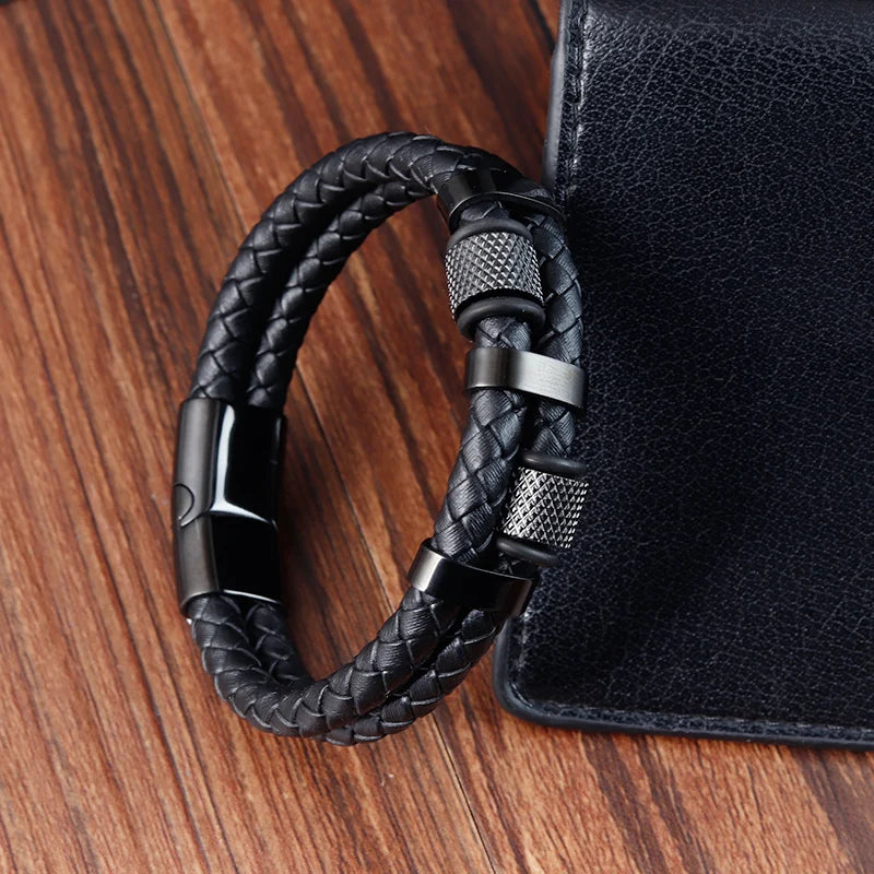 Charm Braid Rope Bracelet - Stainless Steel Magnetic Buckle Leather Bracelet for Men 🧲✨