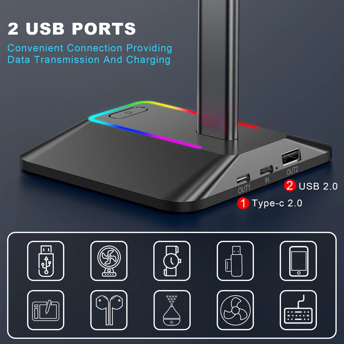 New Bee Z8 RGB Headphone Stand - Gaming Headset Holder with 2 USB Ports & Non-Slip Base