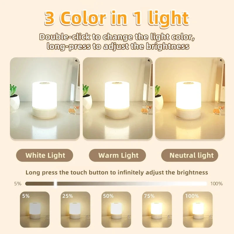 Touch Night Lamp - 3 Modes Dimmable Bedside Light with USB Charging 🌟✨