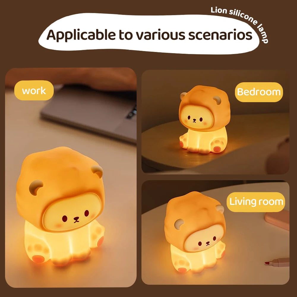 Kawaii Lion Night Light Rechargeable 3 Level Dimmable Silicone Sleeping Light