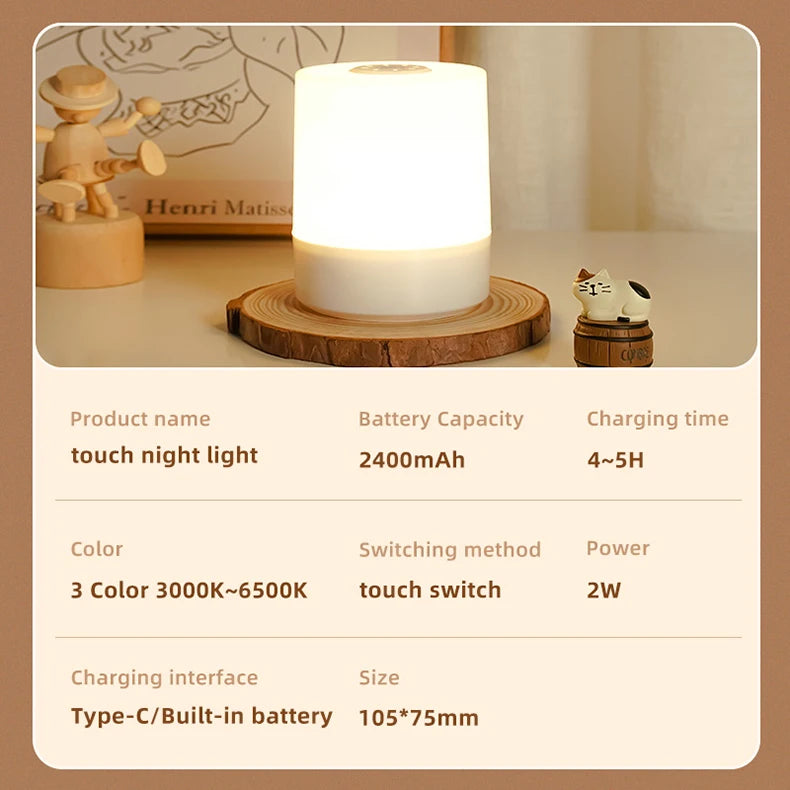 Touch Night Lamp - 3 Modes Dimmable Bedside Light with USB Charging 🌟✨