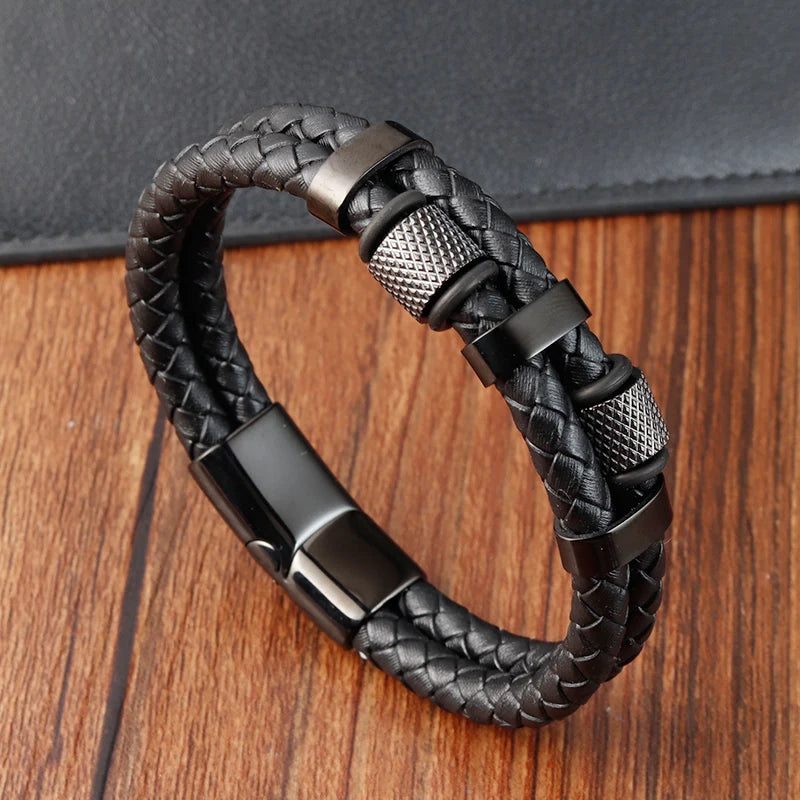 Charm Braid Rope Bracelet - Stainless Steel Magnetic Buckle Leather Bracelet for Men 🧲✨
