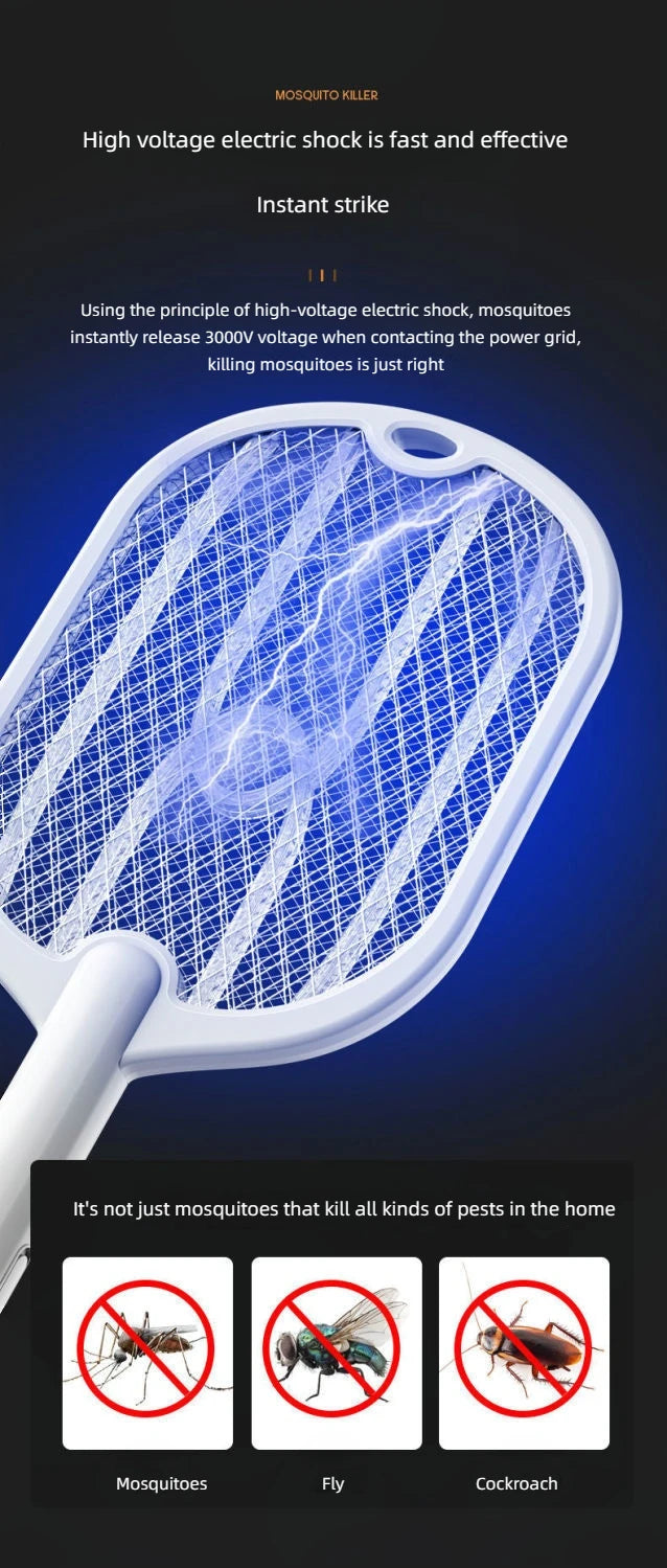 3000V Mosquito Swatter | 3-in-1 Electric Mosquito Killer — Handheld, Wall Mount & Desktop Lamp with TYPE-C Charging