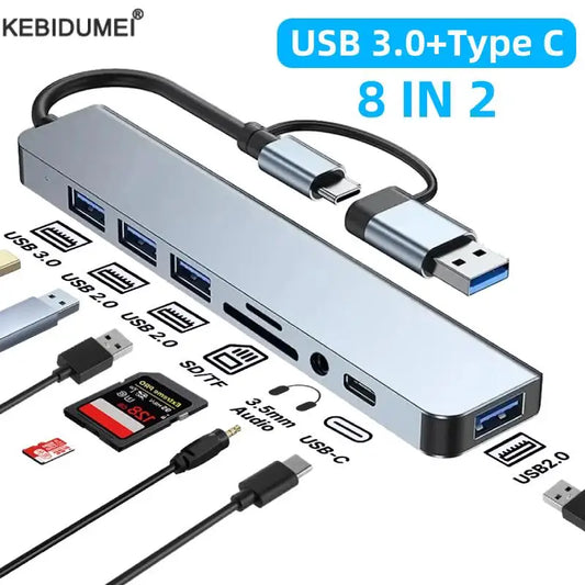USB 3.0 Type-C Adapter Docking Station - Multi-Hub Splitter with USB 2.0, TF/SD Card Reader & Audio for MacBook Pro