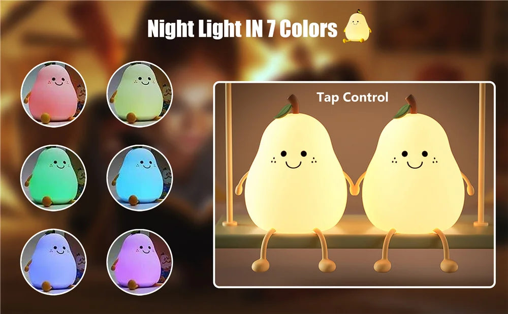Pear Shaped Cute Silicone Night Light - 7 Colors Dimmable Touch Lamp for Kids 🍐✨