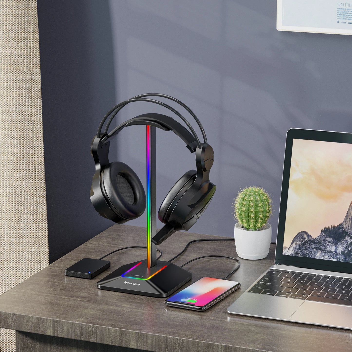 New Bee Z8 RGB Headphone Stand - Gaming Headset Holder with 2 USB Ports & Non-Slip Base