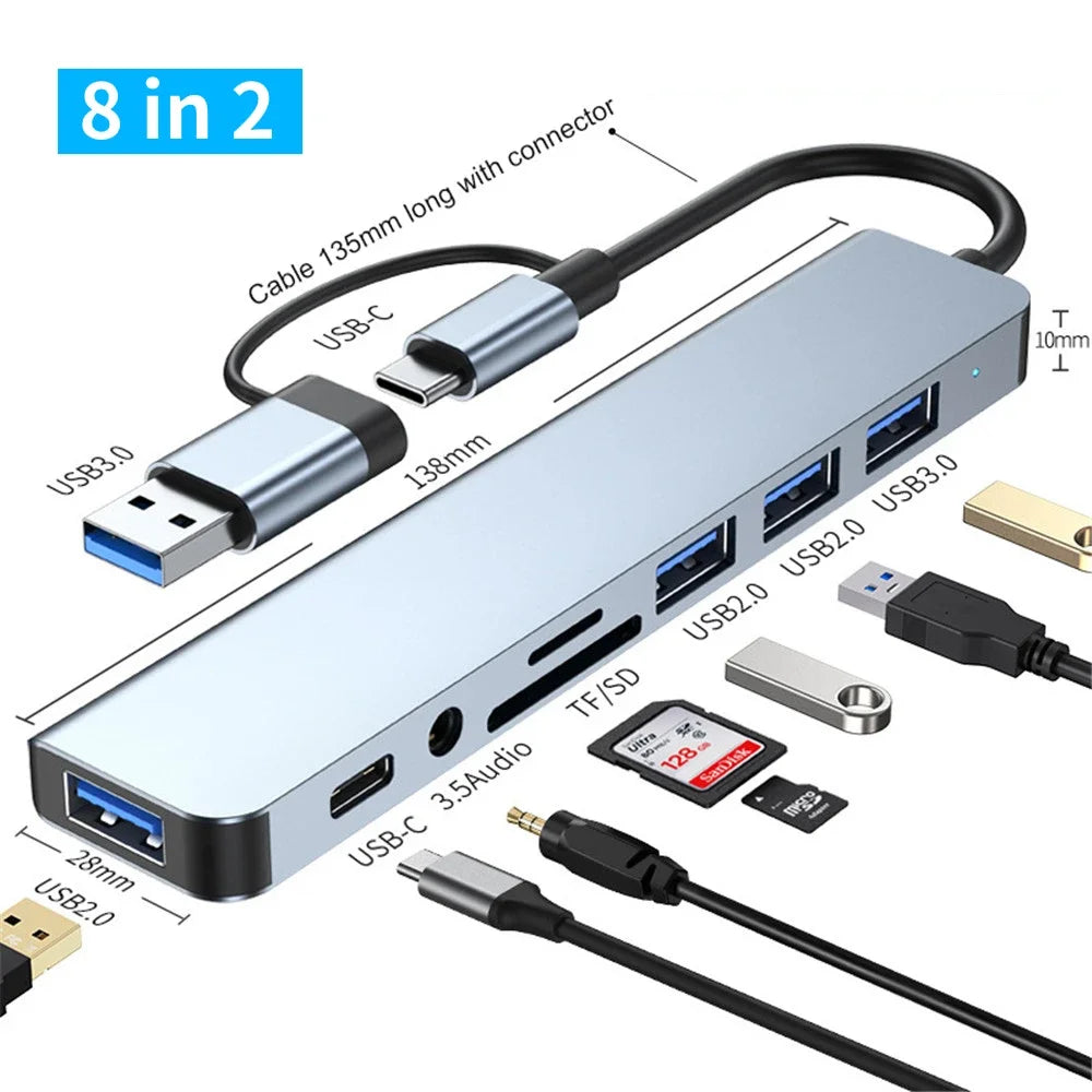 USB 3.0 Type-C Adapter Docking Station - Multi-Hub Splitter with USB 2.0, TF/SD Card Reader & Audio for MacBook Pro