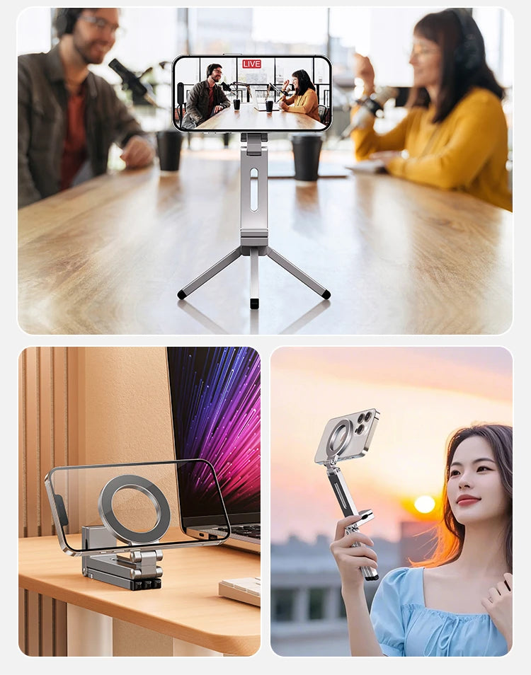 Portable Magnetic Phone Holder Aluminum Alloy 360° Rotating Foldable Tripod
