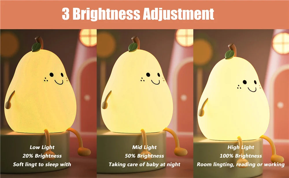 Pear Shaped Cute Silicone Night Light - 7 Colors Dimmable Touch Lamp for Kids 🍐✨