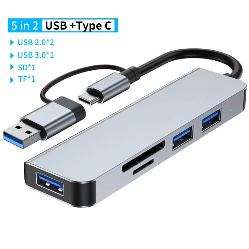 USB 3.0 Type-C Adapter Docking Station - Multi-Hub Splitter with USB 2.0, TF/SD Card Reader & Audio for MacBook Pro
