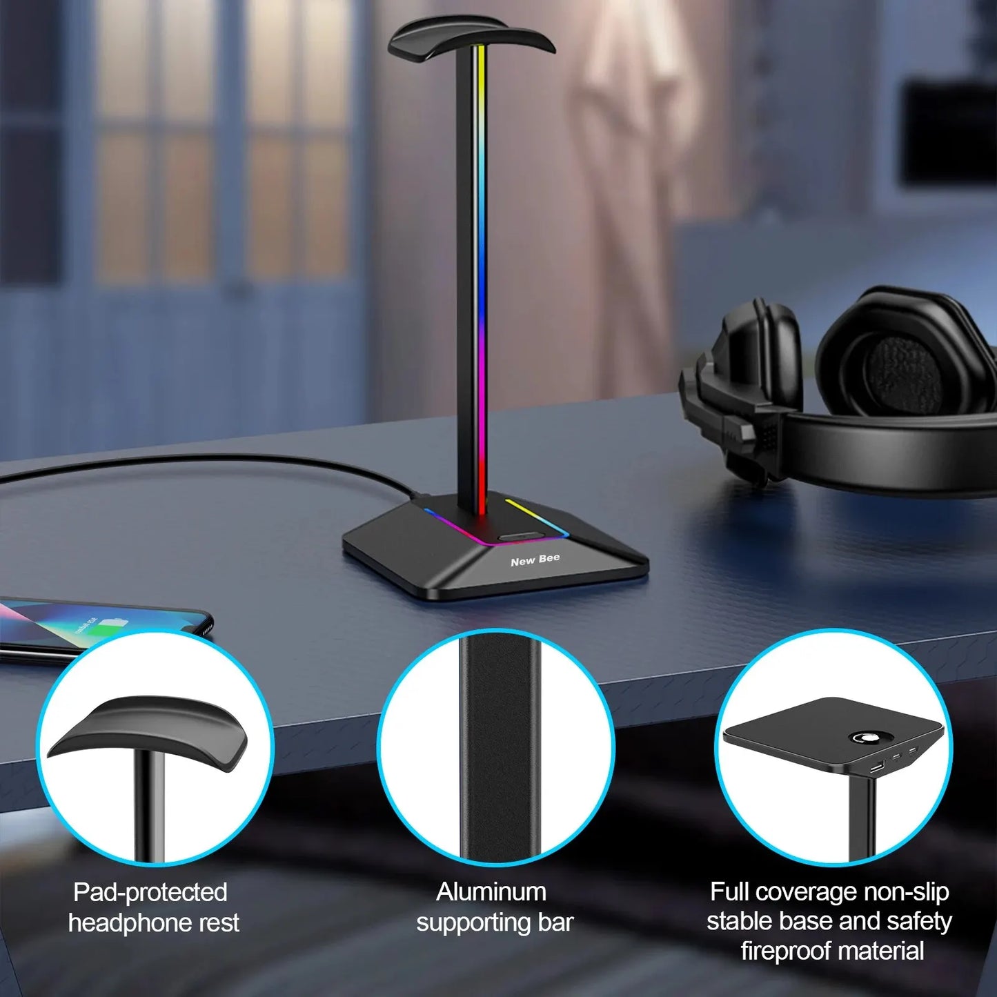 New Bee Z8 RGB Headphone Stand - Gaming Headset Holder with 2 USB Ports & Non-Slip Base
