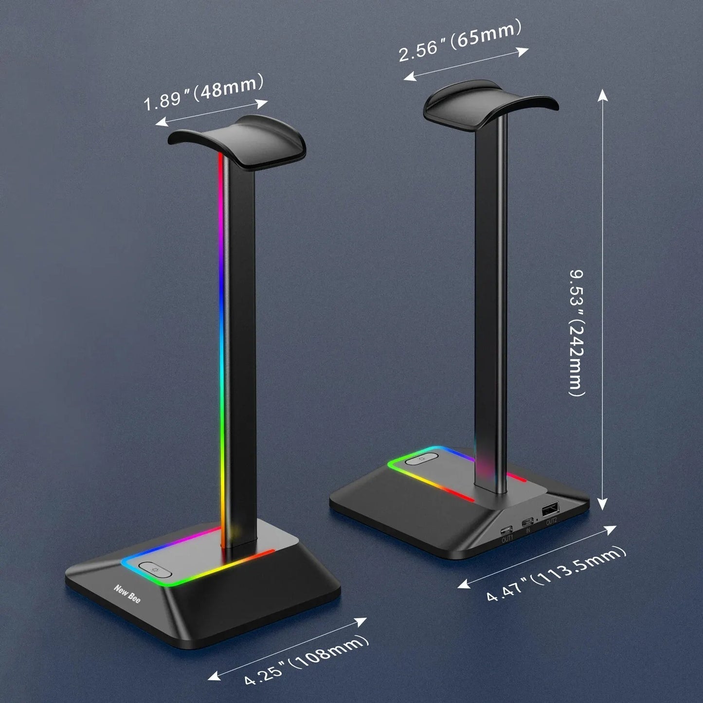 New Bee Z8 RGB Headphone Stand - Gaming Headset Holder with 2 USB Ports & Non-Slip Base