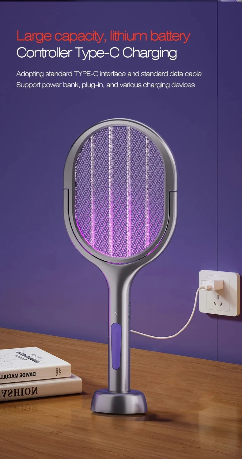 Telescopic Electric Mosquito Swatter & UV Trap Lamp — 109cm Extended Reach, Rechargeable, Wall Mountable