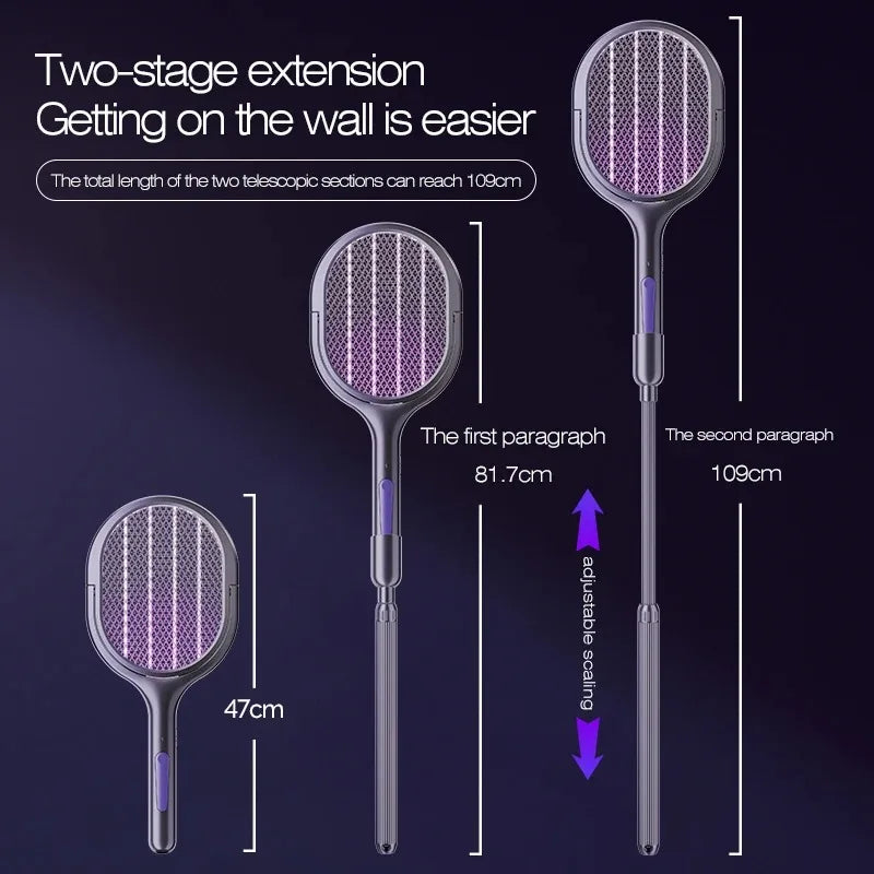 Telescopic Electric Mosquito Swatter & UV Trap Lamp — 109cm Extended Reach, Rechargeable, Wall Mountable