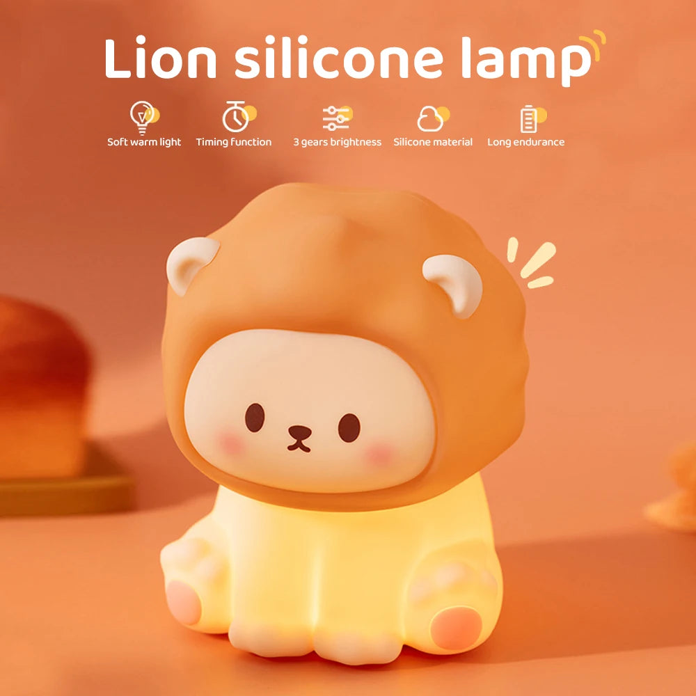 Kawaii Lion Night Light Rechargeable 3 Level Dimmable Silicone Sleeping Light