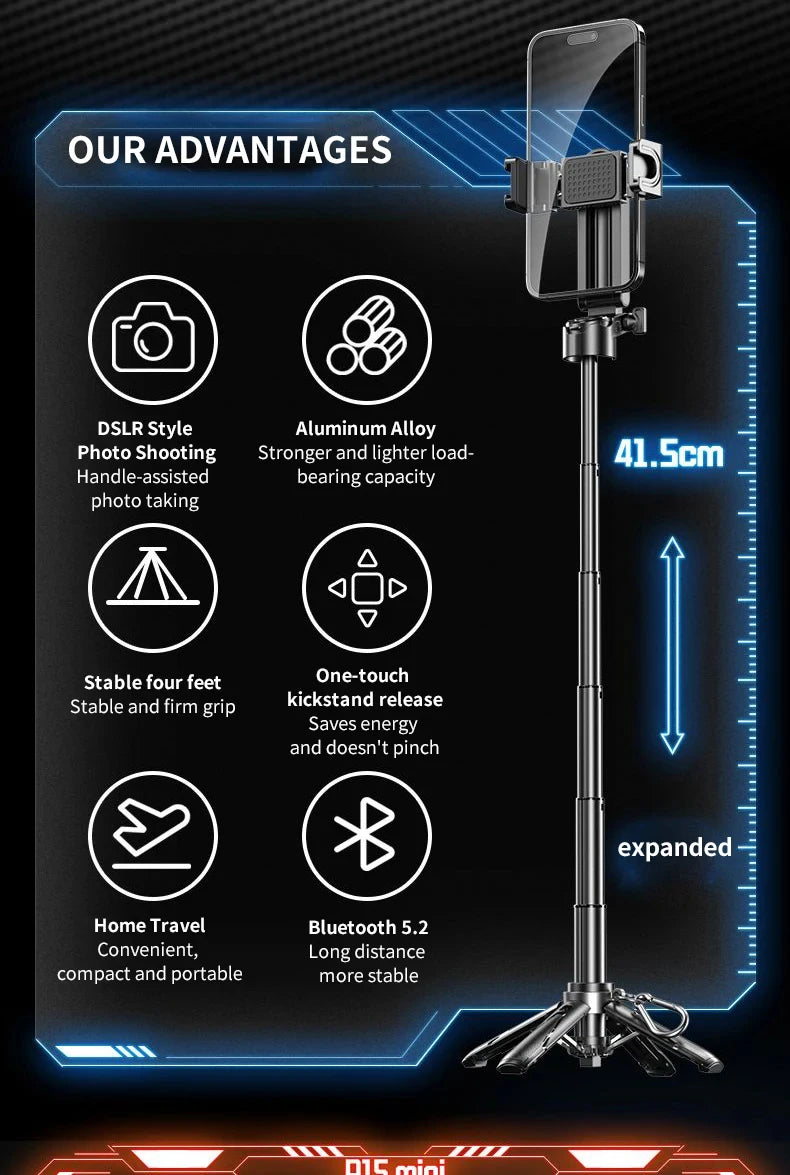 Mini Bluetooth Tripod Selfie Stick | Telescopic Aluminium Phone Holder, Portable & Foldable, Universal Compatibility for iPhone Samsung